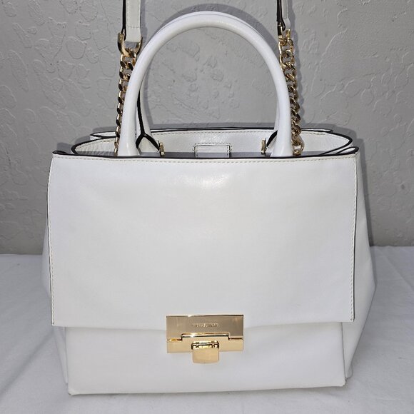 Michael Kors KARLIE White Leather Top Handle / Gold Chain Link Shoulder Bag - Picture 1 of 15